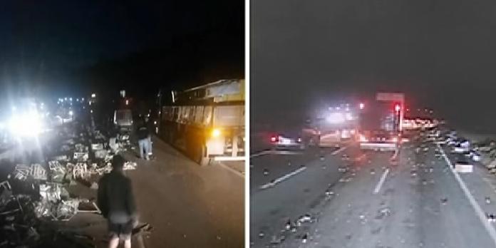 Carreta com frutas tomba na rodovia Fernão Dias e causa congestionamento na Serra de Igarapé