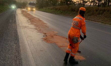 Corpo de Bombeiros atua em ocorrência de risco de derrapagem na BR-354, em Arcos