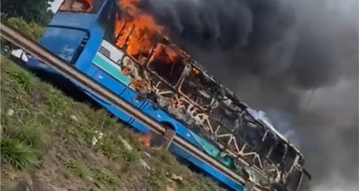 Ônibus pega fogo no Anel Rodoviário, em BH, e fica completamente destruído