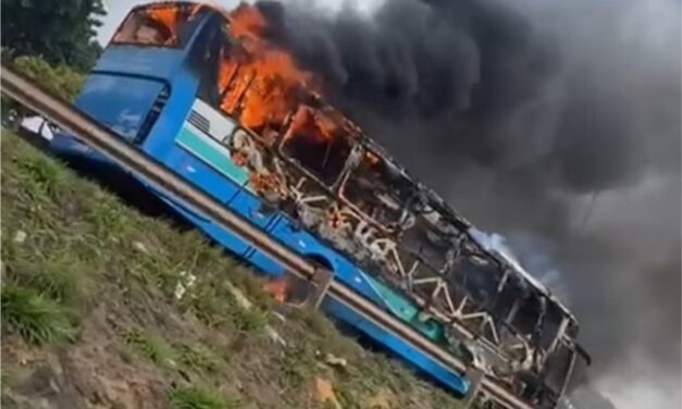 Ônibus pega fogo no Anel Rodoviário, em BH, e fica completamente destruído
