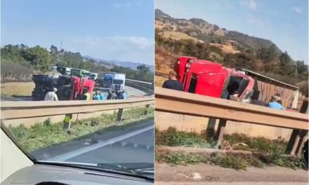 Caminhão tomba e provoca congestionamento na Rodovia Fernão Dias, em Camanducaia, MG
