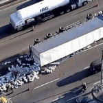 Carreta tomba com 26 toneladas de bobinas de plástico no Anel Rodoviário de BH