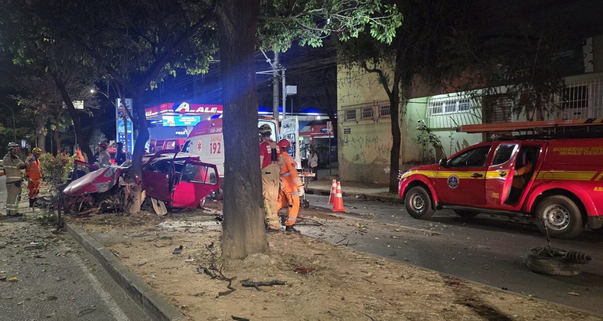 BH: carro fica destruído ao bater em árvore na Barão Homem de Melo, e feridos tentam fugir