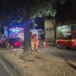 BH: carro fica destruído ao bater em árvore na Barão Homem de Melo, e feridos tentam fugir