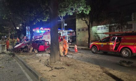 BH: carro fica destruído ao bater em árvore na Barão Homem de Melo, e feridos tentam fugir