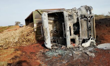 Incêndio em carreta carregada com cana de açúcar mobiliza Corpo de Bombeiros na BR-354, em Bambuí