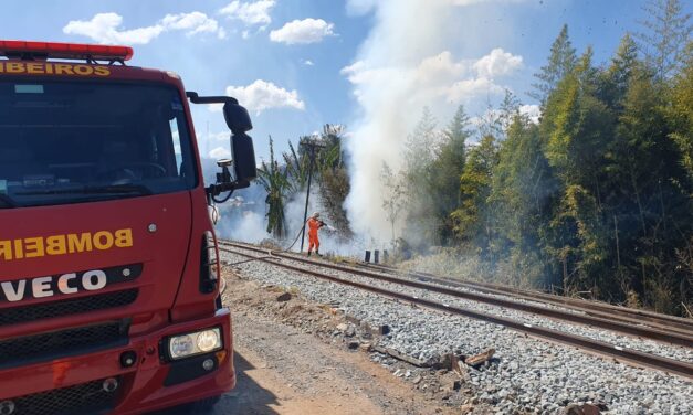 Bombeiros contêm incêndio em vegetação próximo a linha férrea, em Formiga