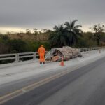 Carga desprende de carreta e cai na margem do rio Formiga na BR-354