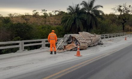 Carga desprende de carreta e cai na margem do Rio Formiga, na BR-354