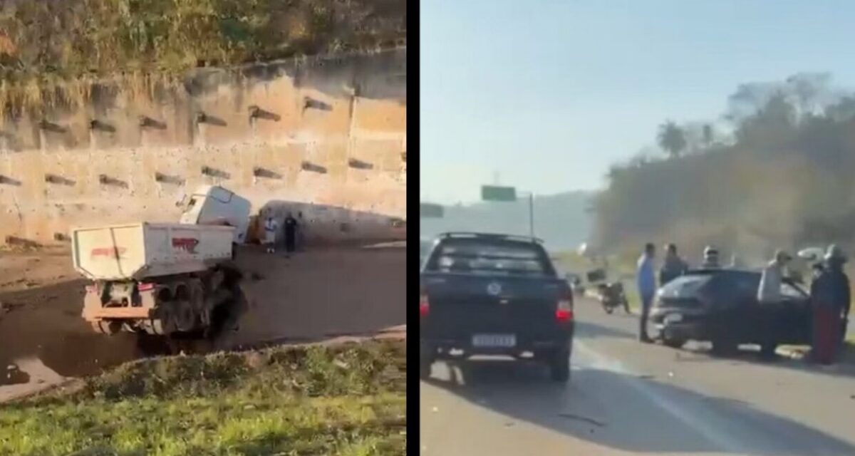 Acidente entre carro e caminhão carregado de minério deixa uma vítima fatal e mobiliza helicóptero dos bombeiros na BR-381