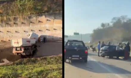 Acidente entre carro e caminhão carregado de minério deixa uma vítima fatal e mobiliza helicóptero dos bombeiros na BR-381