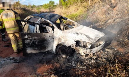 Veículo capota e pega fogo às margens da MG-170, em Lagoa da Prata
