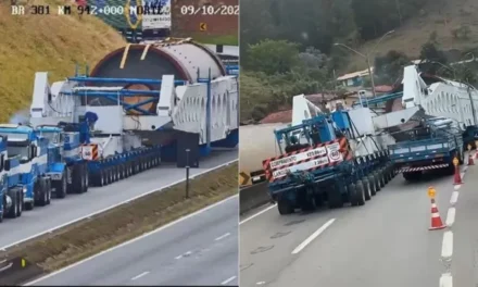 Carreta de 850 toneladas permanece parada há uma semana na Fernão Dias