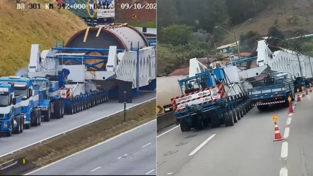 Carreta de 850 toneladas permanece parada há uma semana na Fernão Dias