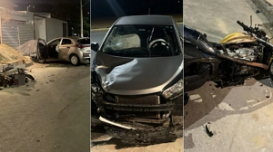 Câmeras registram colisão entre carro e moto em Minas; motocicleta explode após impacto