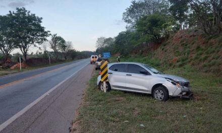 Carro bate em placa após motorista desviar de veículo que invadiu a contramão na MG-050