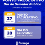 Ponto facultativo no ”Dia do Servidor Público” é antecipado para o dia 27 de outubro em Formiga