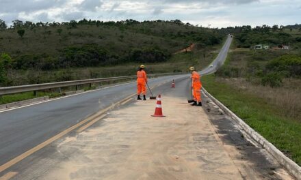 Caminhão perde controle, colide contra meio-fio e causa derramamento de óleo na BR-494