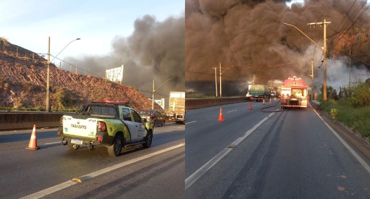 Incêndio atinge depósito de recicláveis e bloqueia faixa da Via Expressa em Contagem