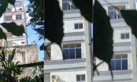 Mulher é flagrada limpando janela pelo lado de fora no 6º andar em Belo Horizonte