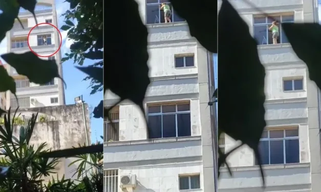 Mulher é flagrada limpando janela pelo lado de fora no 6º andar em Belo Horizonte