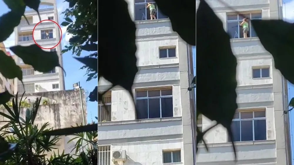 Mulher é flagrada limpando janela pelo lado de fora no 6º andar em Belo Horizonte